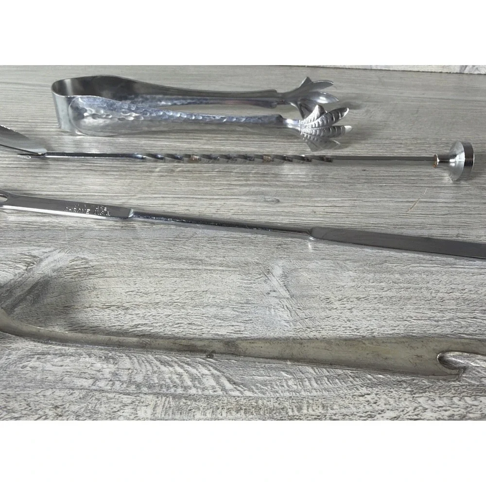 9 Pc Bar Tool Lot Stainless Steel Tongs Long Stirrers Spoons Cocktail Strainer